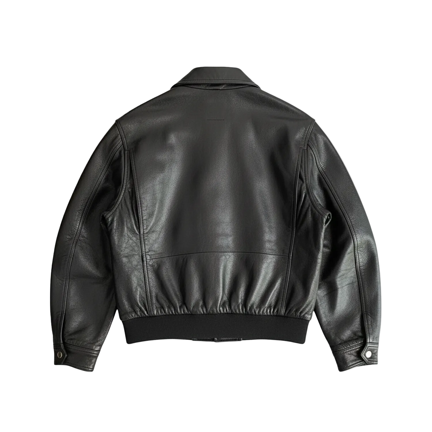 Black leather jacket on a white background with a brand logo.