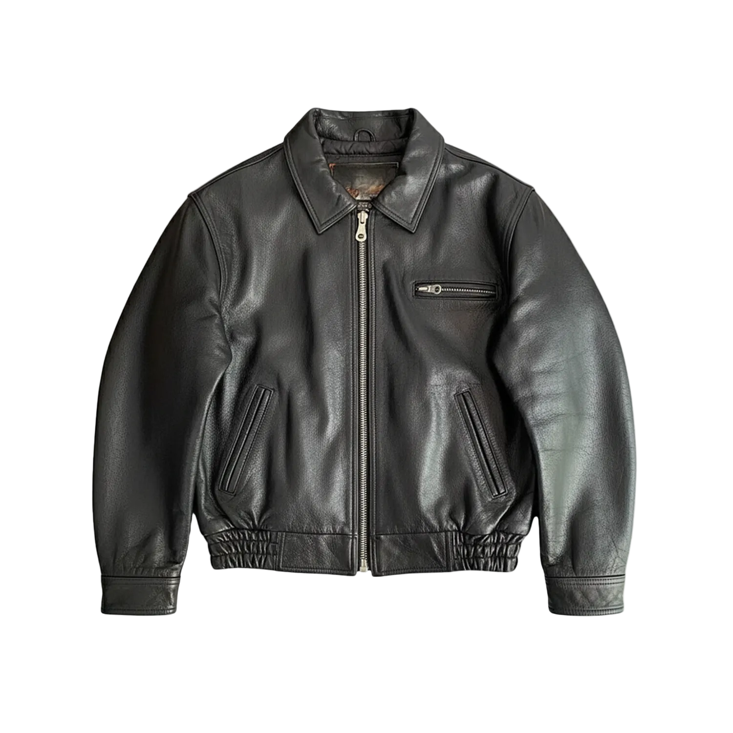 Black leather jacket on a white background with a brand logo in the corner.