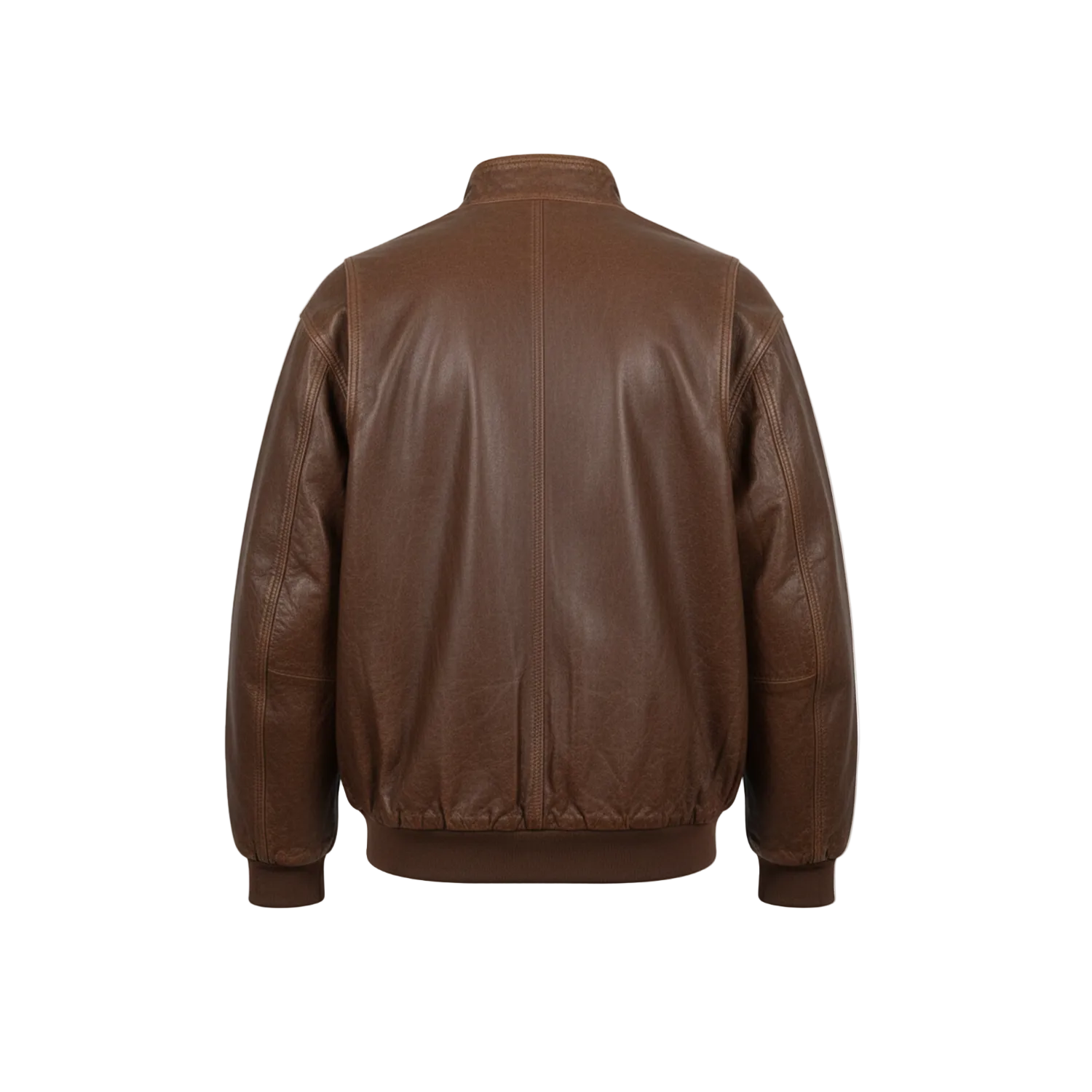 Brown leather jacket on a white background with a brand logo in the corner.