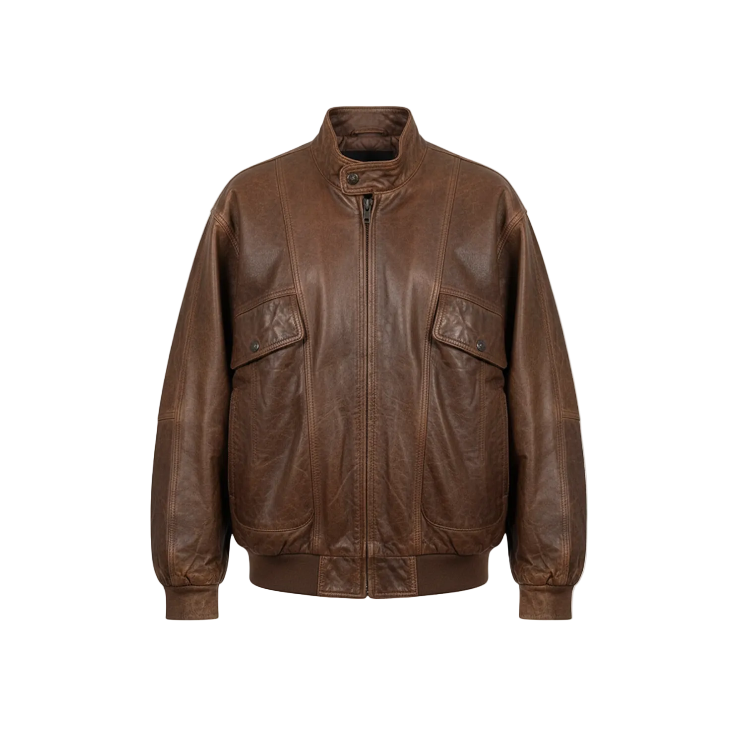 Brown leather jacket on a white background with a brand logo.