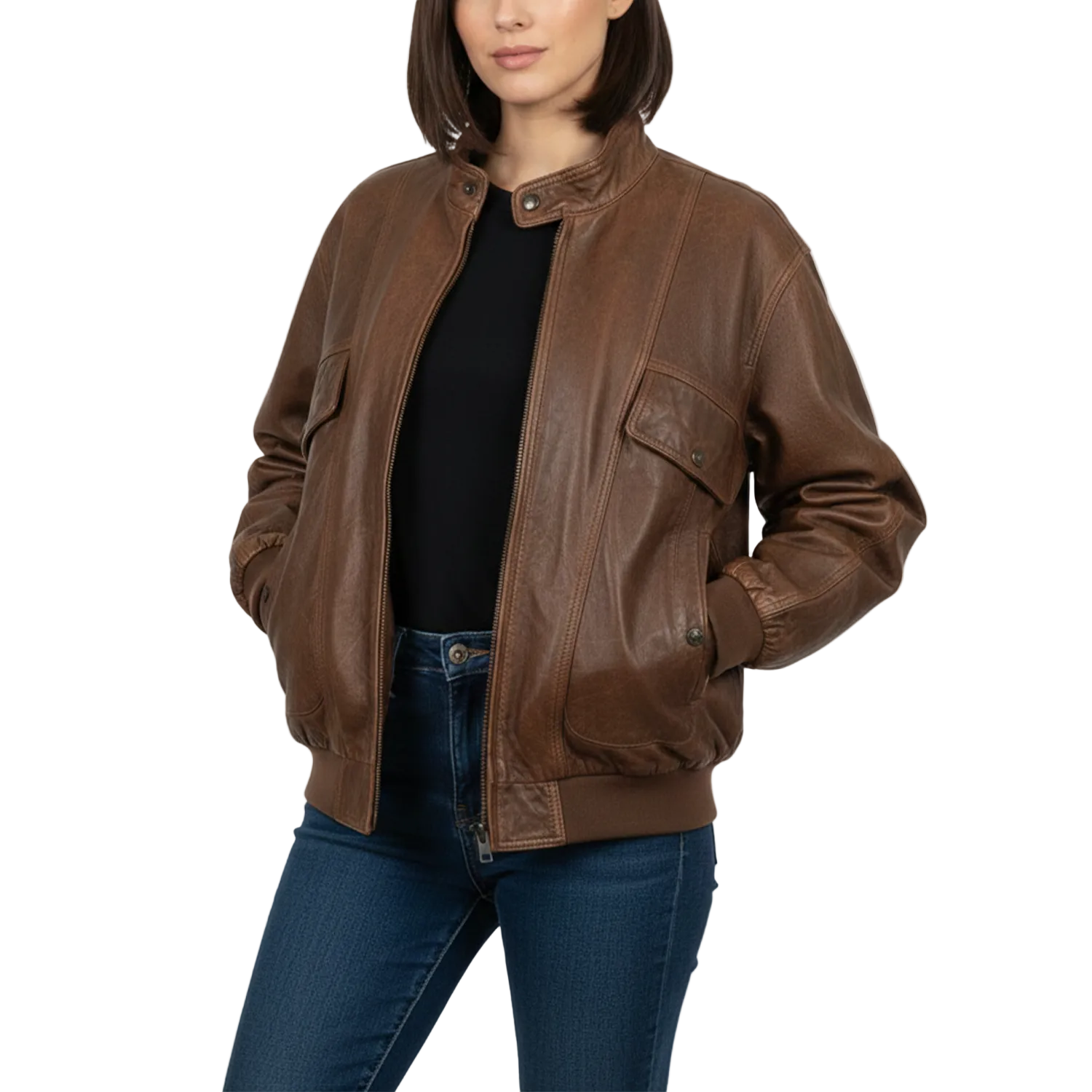 Brown leather jacket worn by a person on a white background