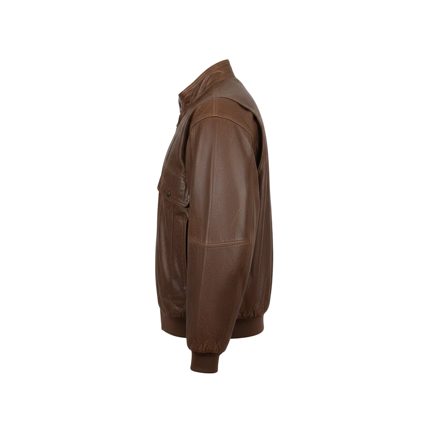 Brown leather jacket on a white background with a brand logo in the corner.