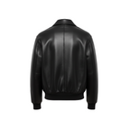 Black leather jacket on a white background with a brand logo.