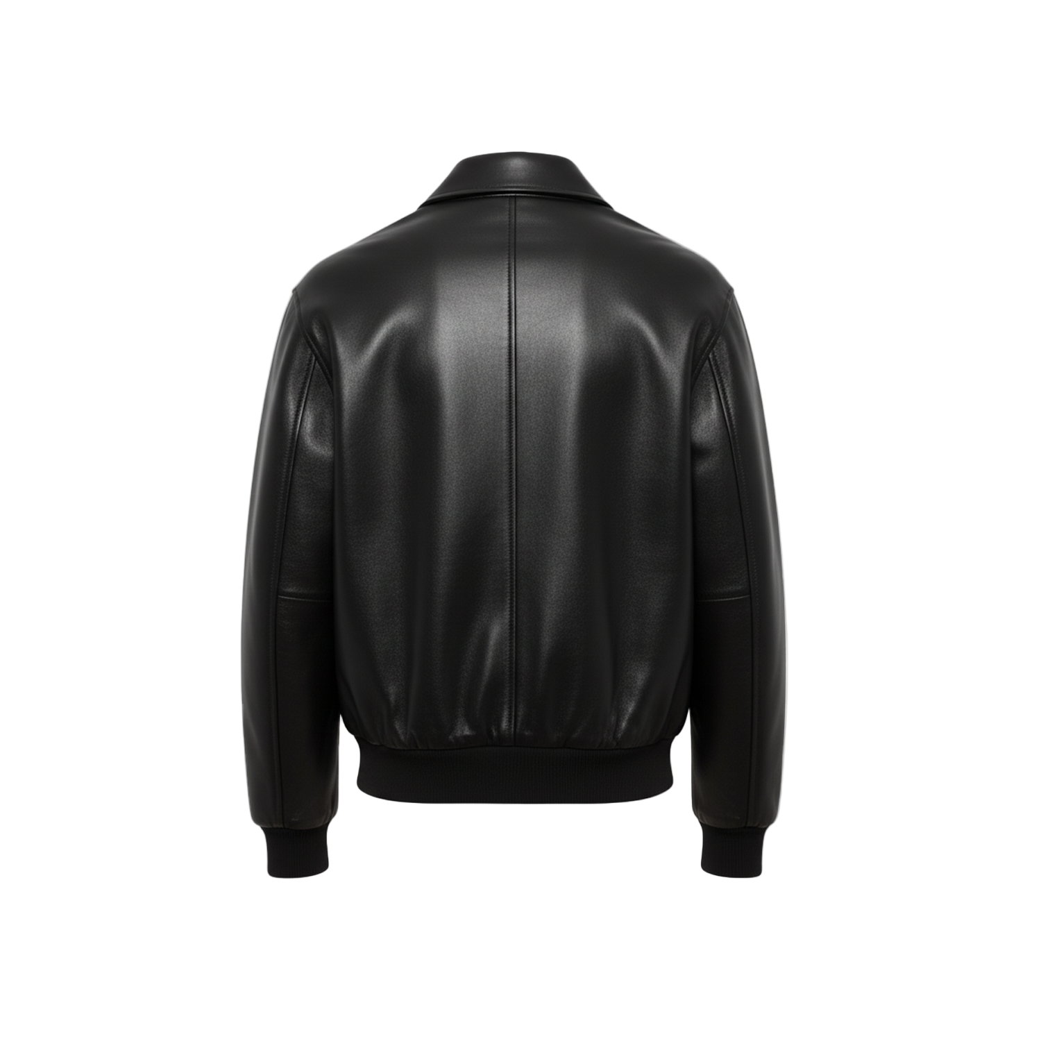 Black leather jacket on a white background with a brand logo.