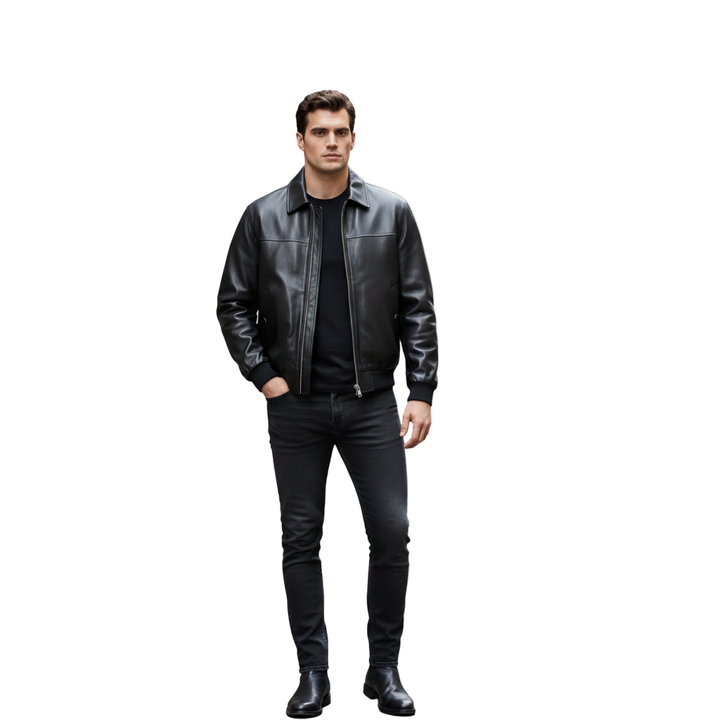 Man wearing a black leather jacket and jeans on a white background with a brand logo.