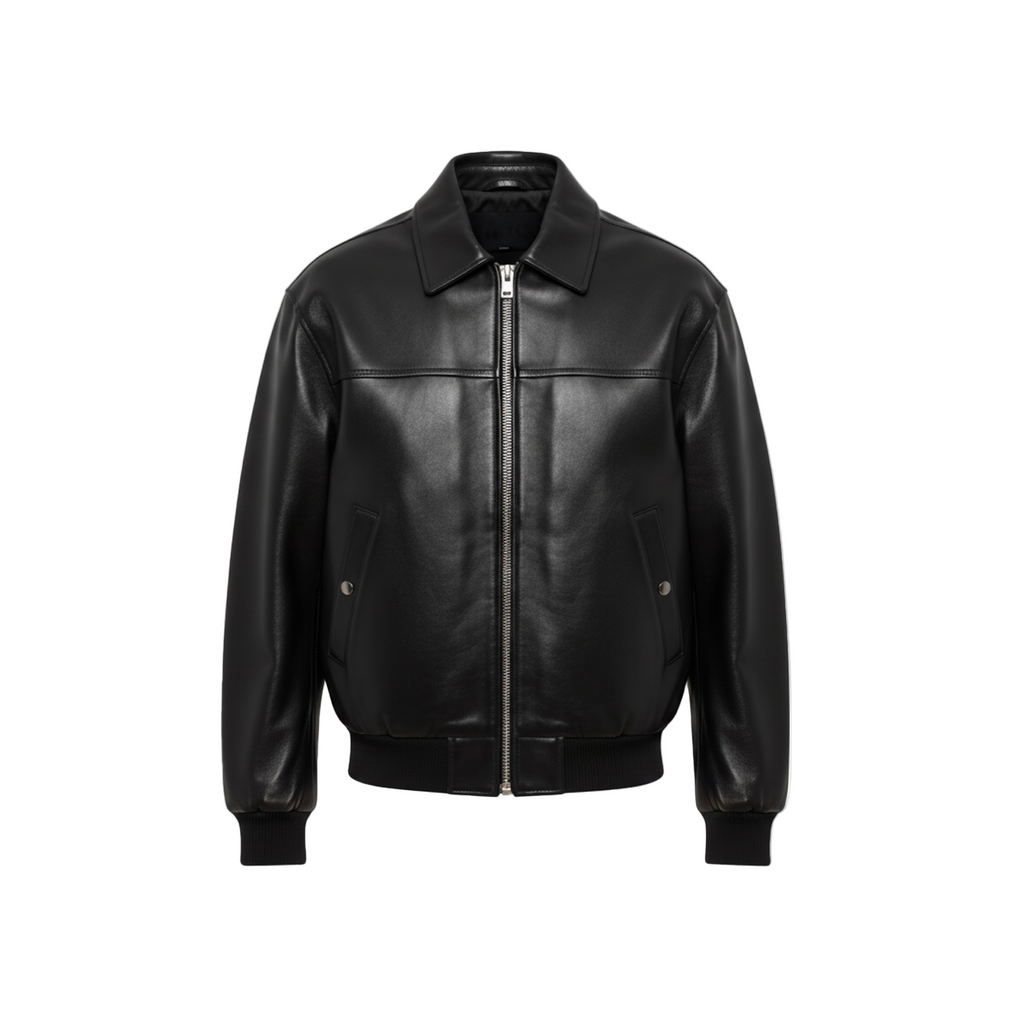 Black leather jacket on a white background with a brand logo in the corner.