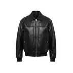 Black leather jacket on a white background with a brand logo in the corner.