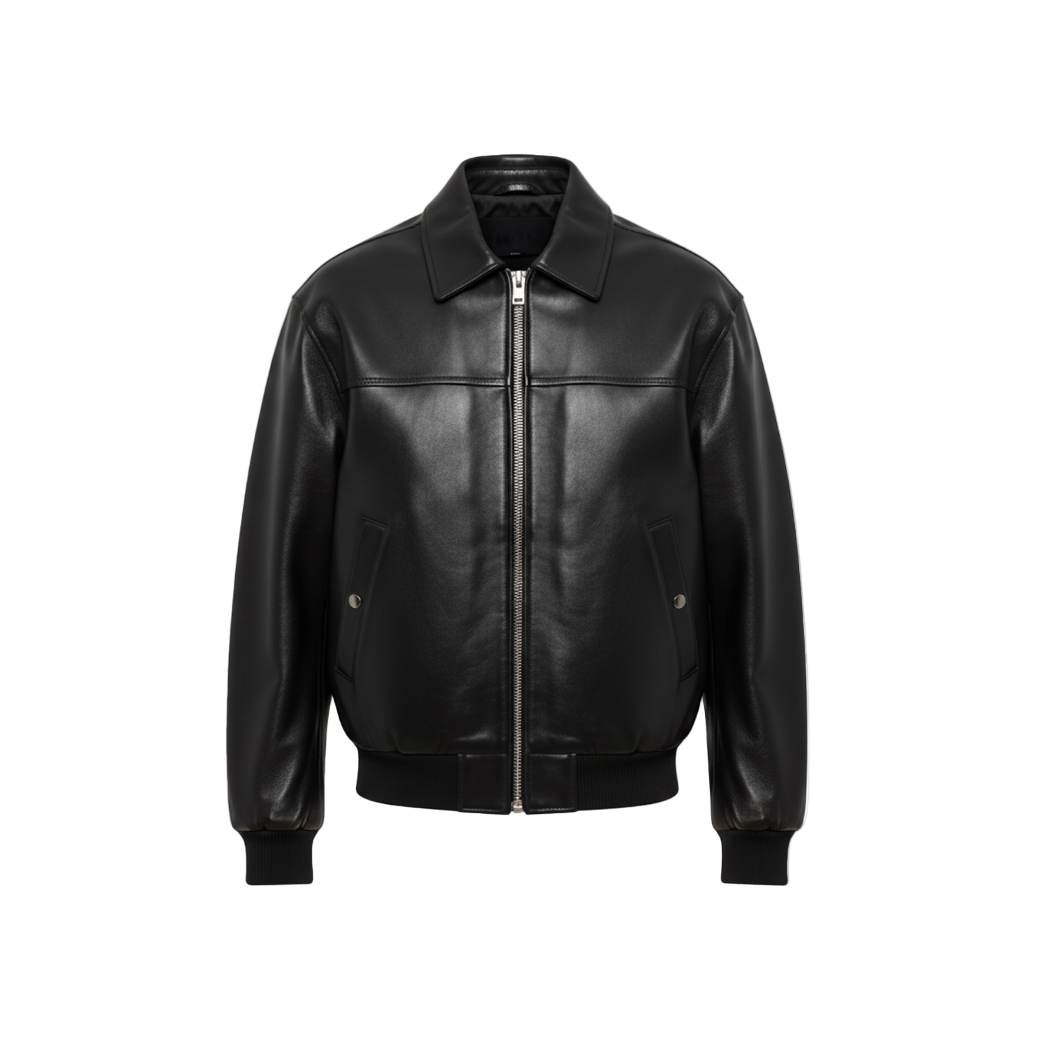 Black leather jacket on a white background with a brand logo in the corner.