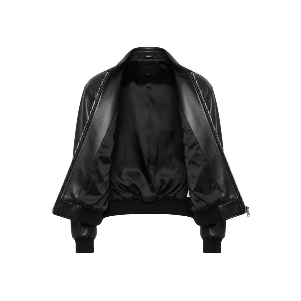 Black bomber jacket on a white background with brand logo.