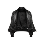 Black bomber jacket on a white background with brand logo.
