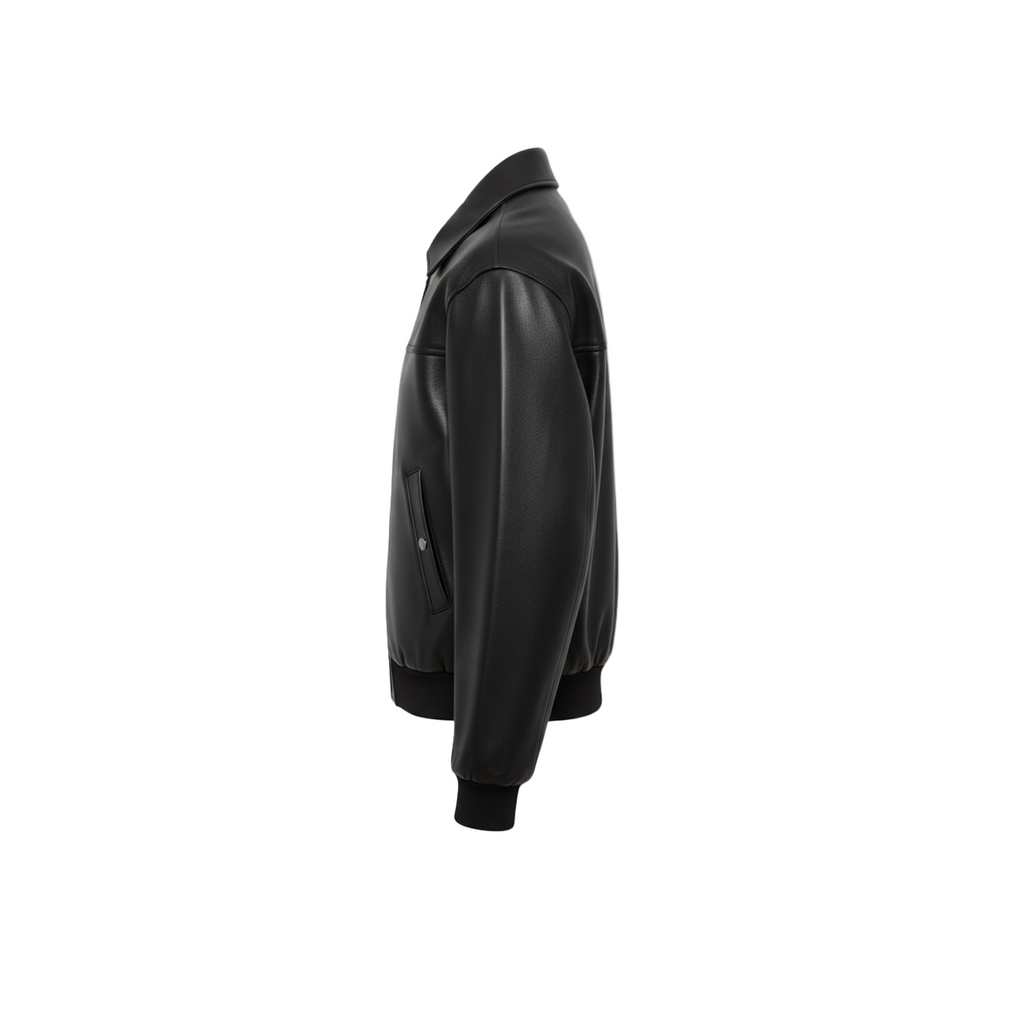 Black leather jacket on a white background with a brand logo.