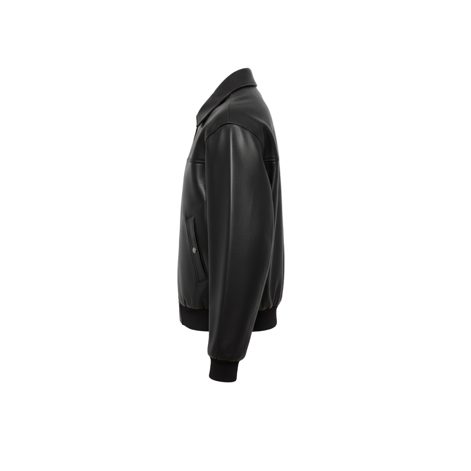 Black leather jacket on a white background with a brand logo.