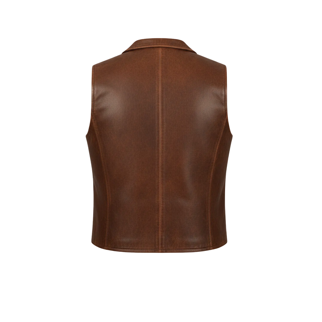 Brown leather vest on a white background with a brand logo in the corner.