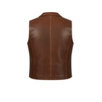 Brown leather vest on a white background with a brand logo in the corner.