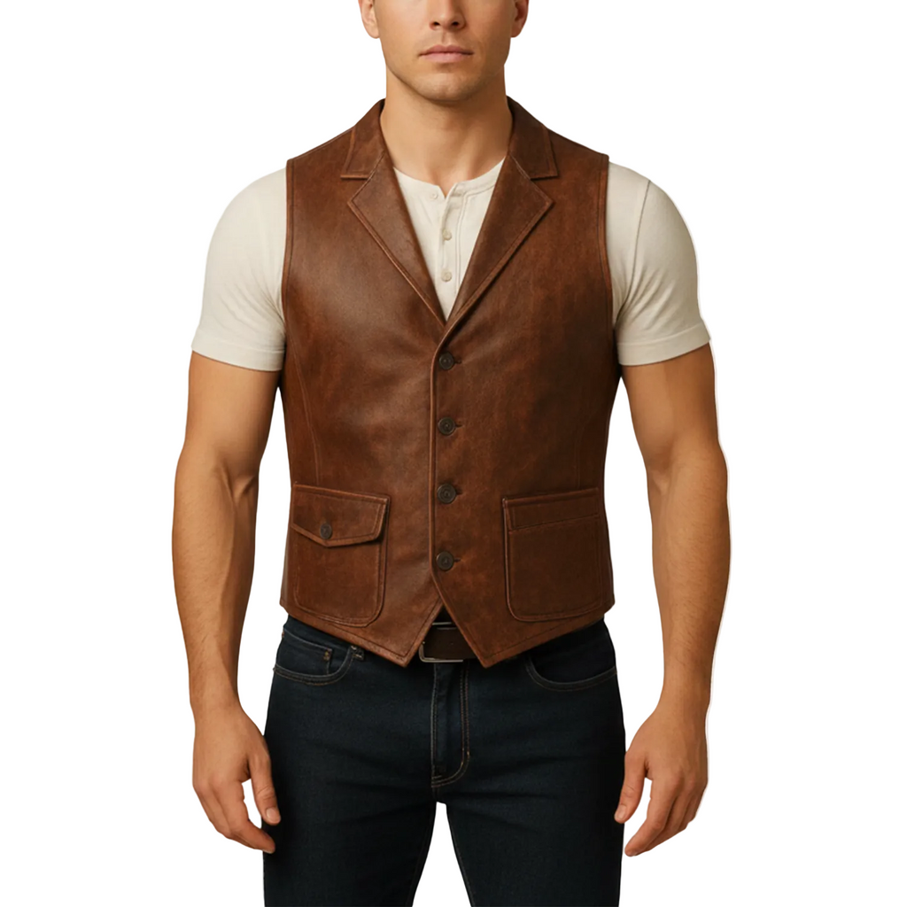 Man wearing a brown leather vest over a white shirt on a white background