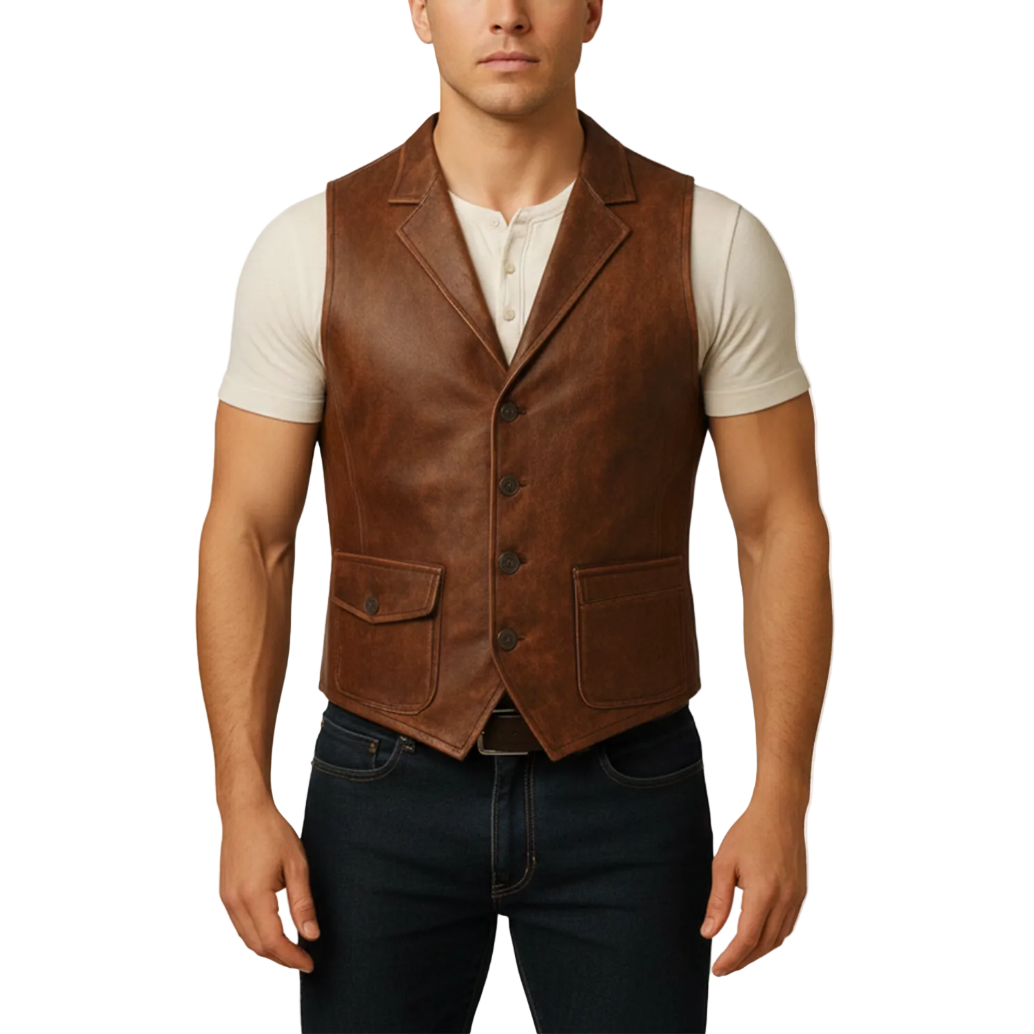 Man wearing a brown leather vest over a white shirt on a white background