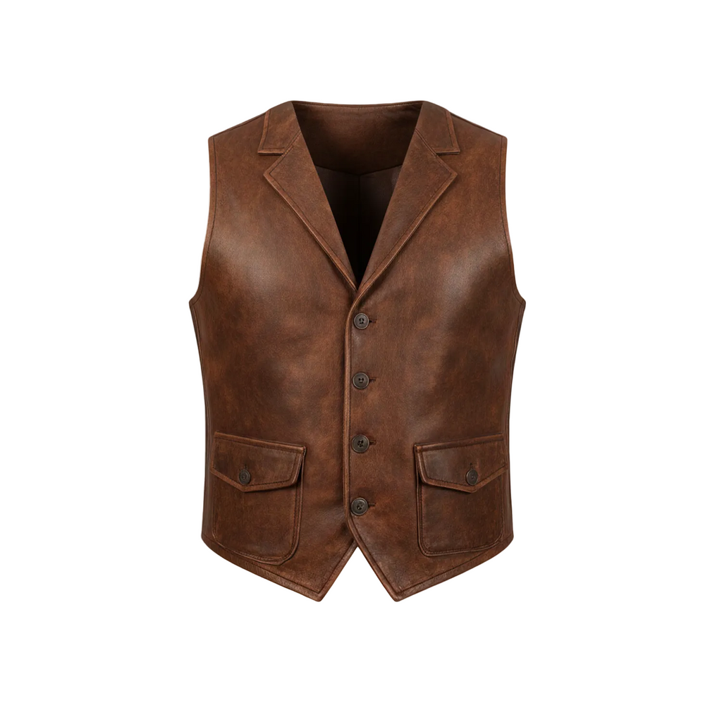 Brown leather vest on a white background with a brand logo.