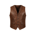 Brown leather vest on a white background with a brand logo.