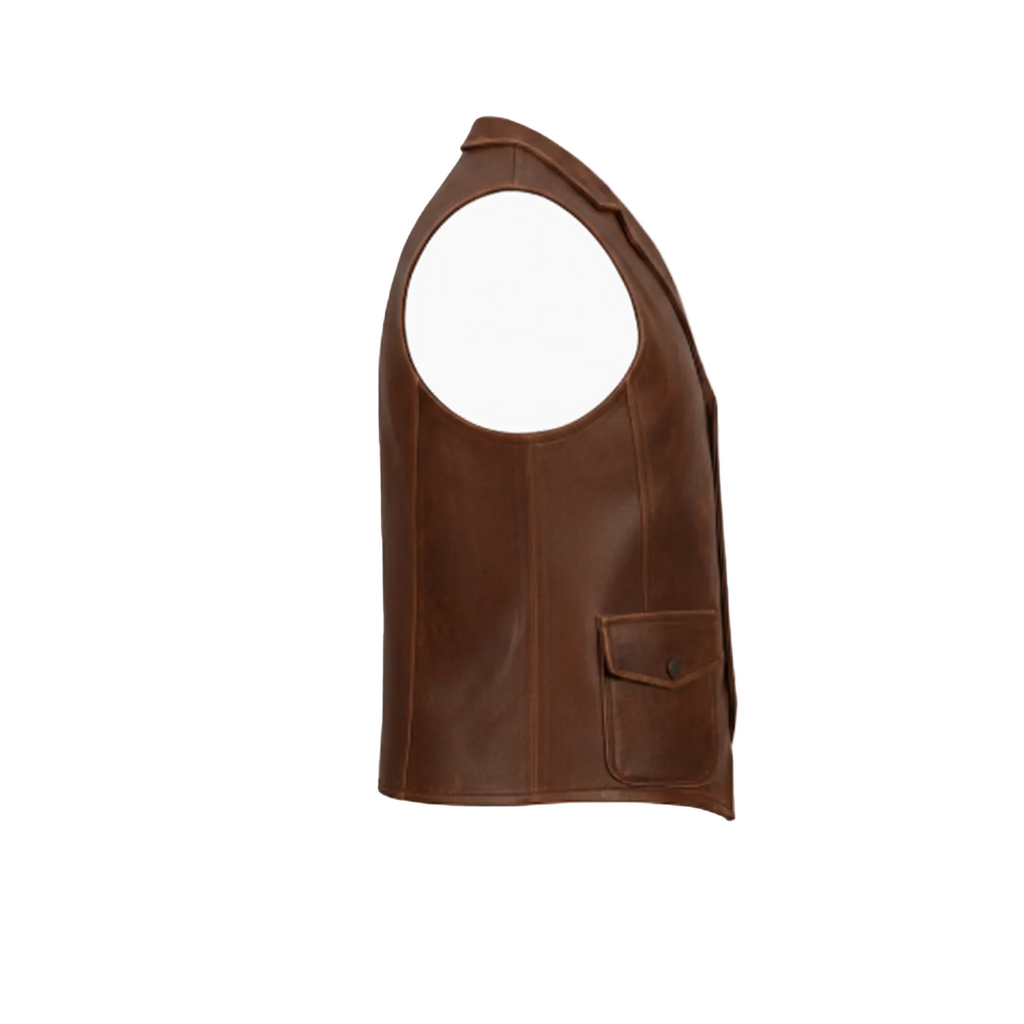 Brown leather vest on a white background with a brand logo.