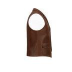 Brown leather vest on a white background with a brand logo.