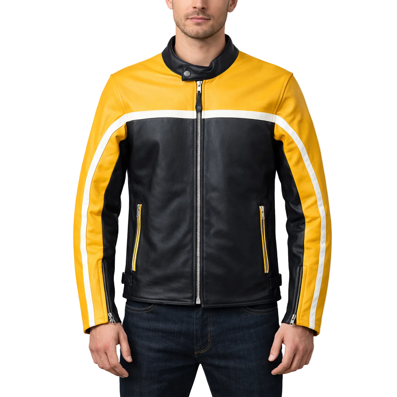 Men's yellow leather Racing Motorcycle jacket