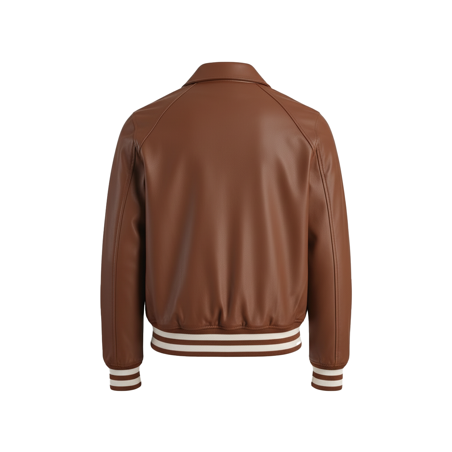 Brown leather jacket with white trim on a white background