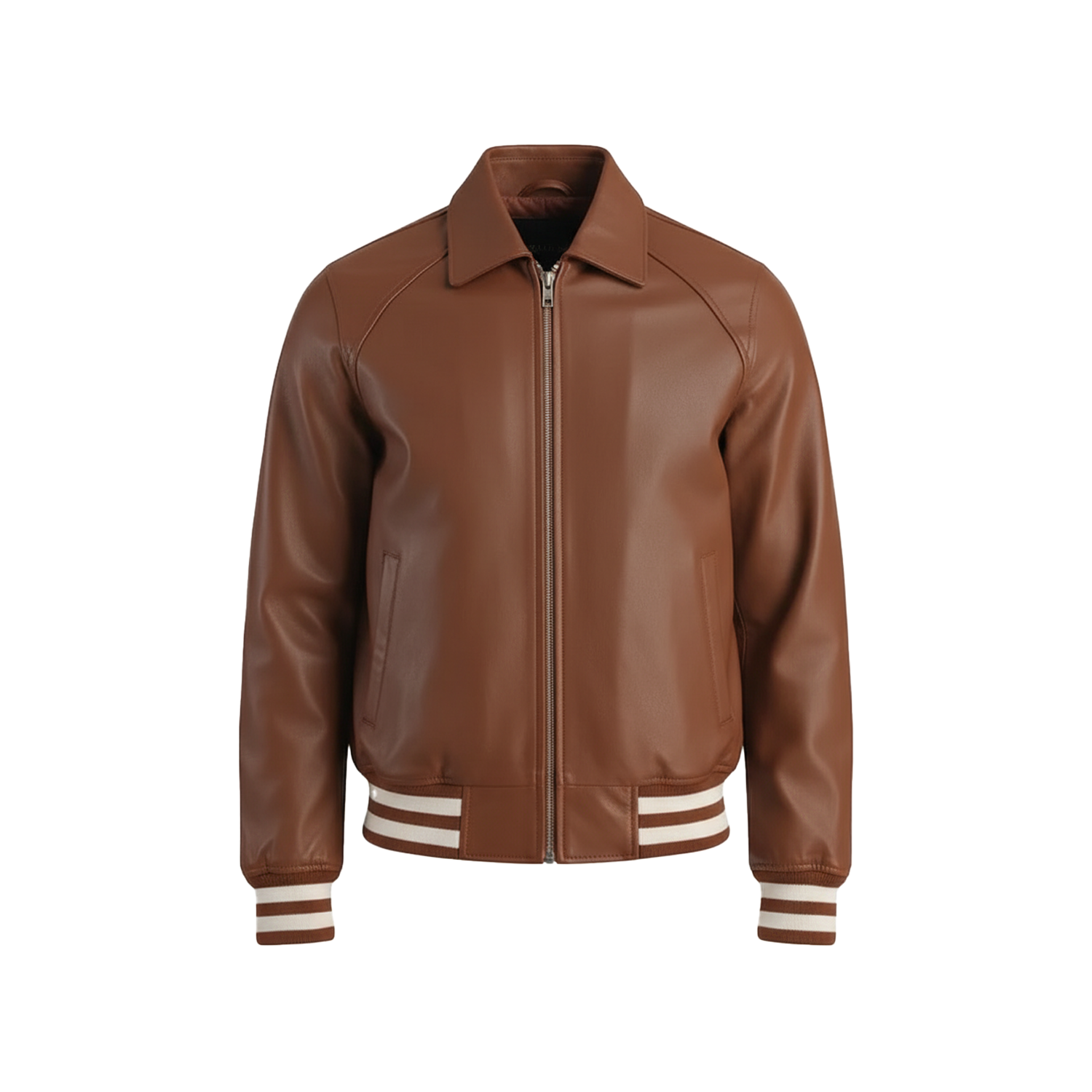 Brown leather jacket with white trim on a white background