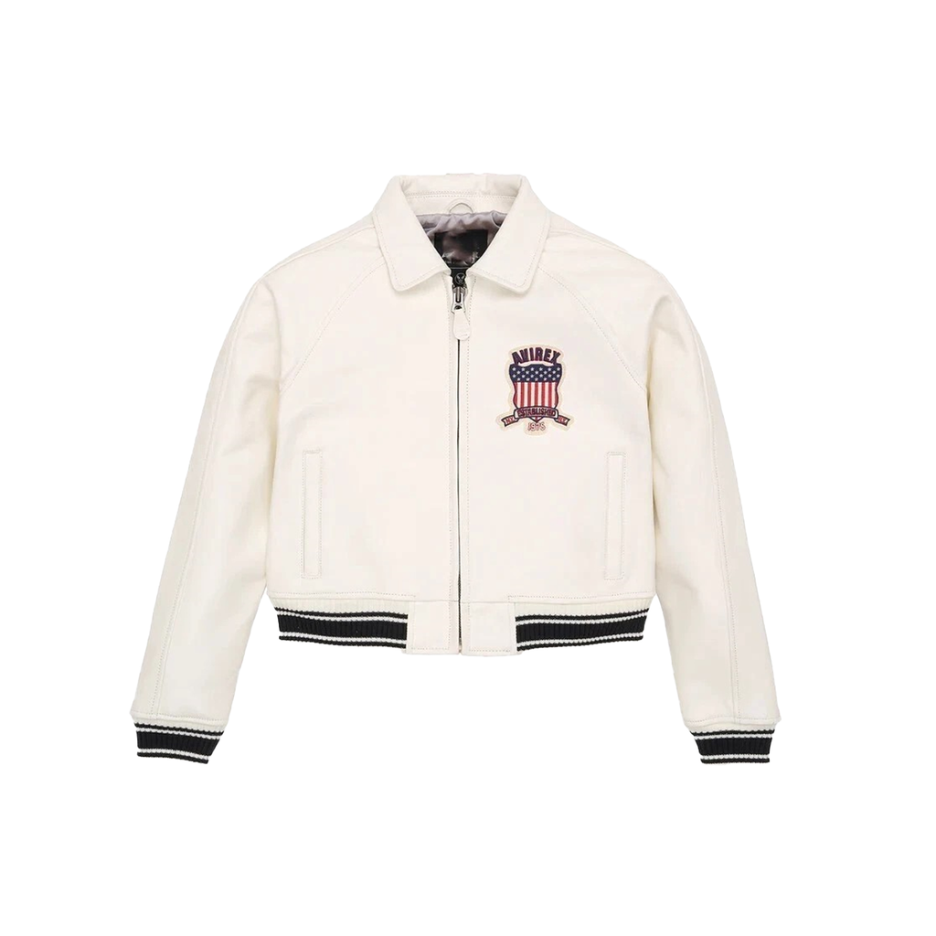 White varsity jacket with a logo on a white background