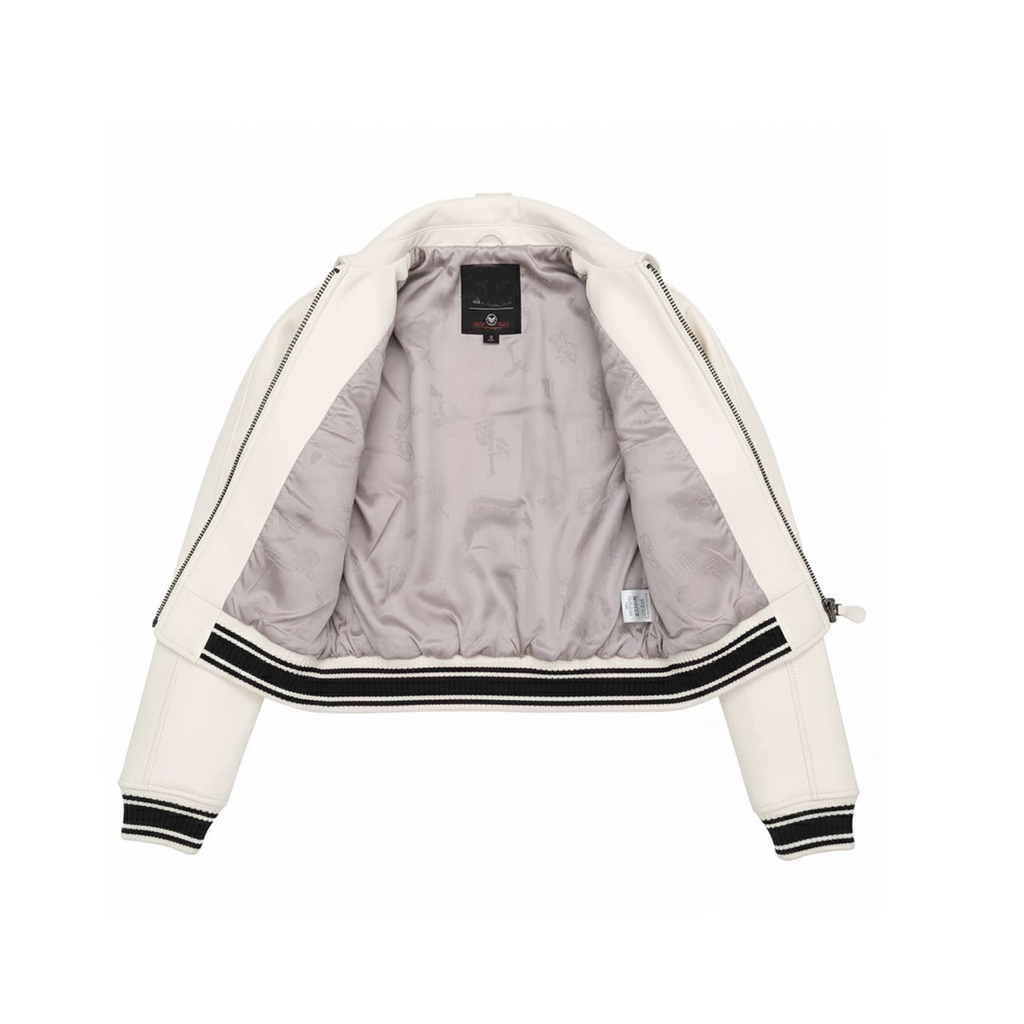 White jacket with black trim on a white background