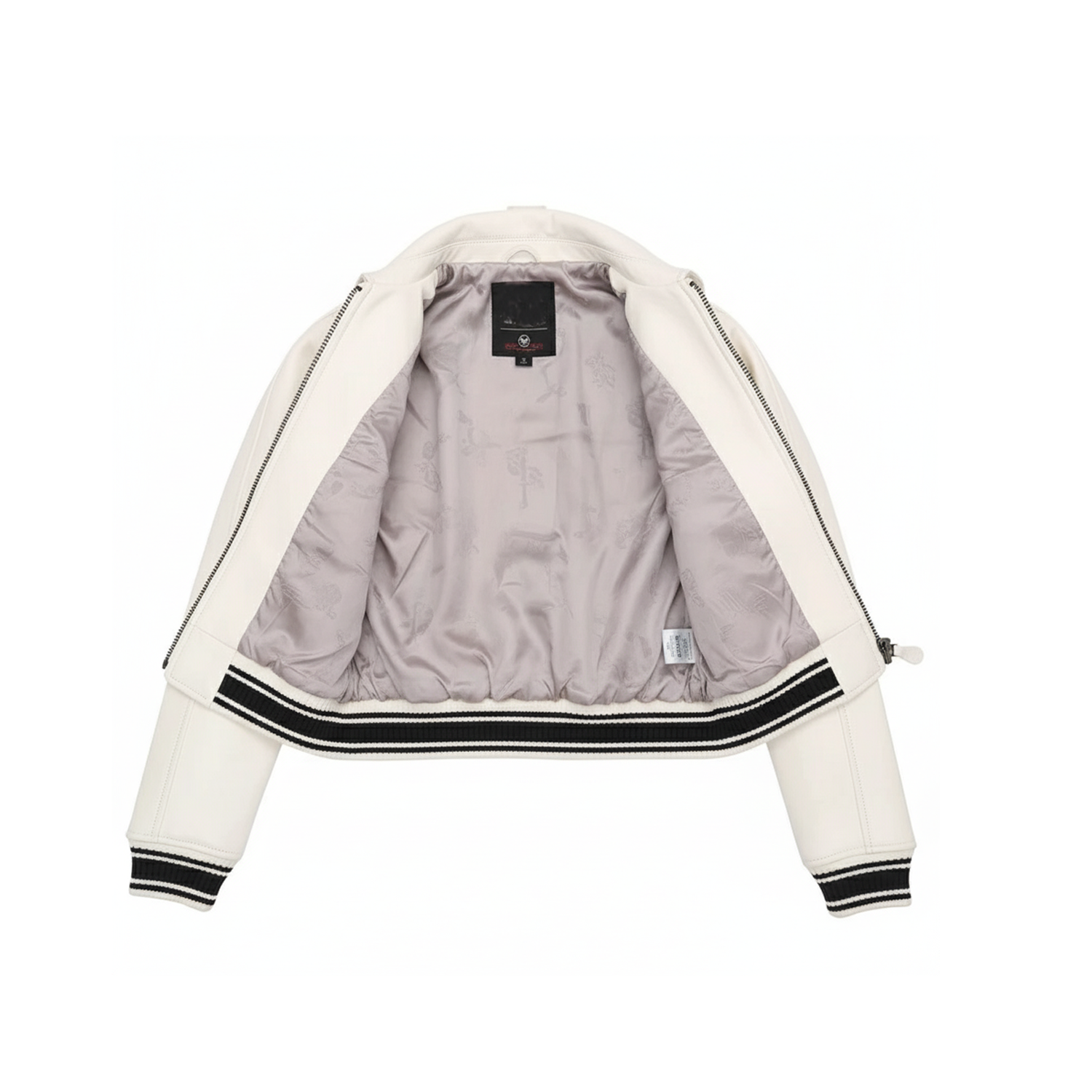 White jacket with black trim on a white background