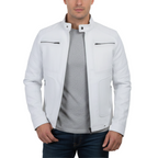 White jacket worn by a person on a white background with brand logo.