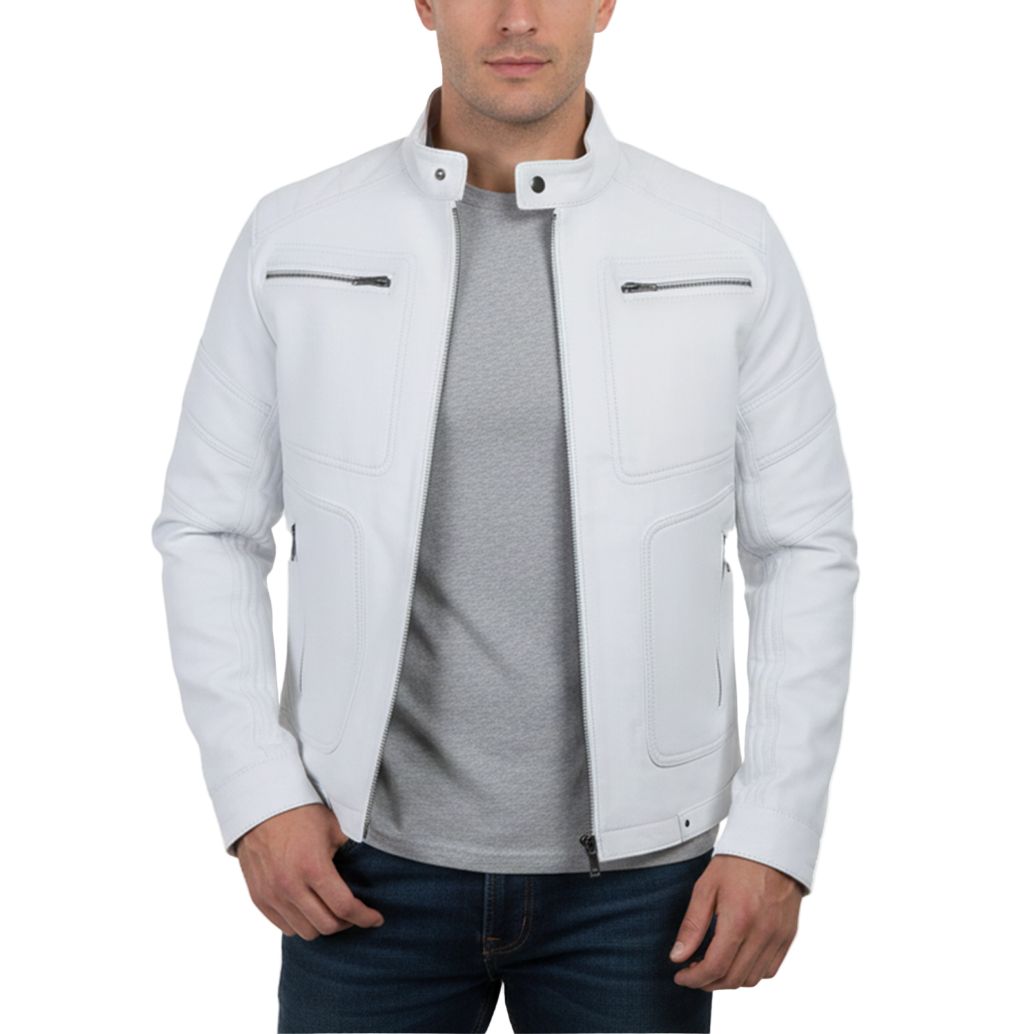 White jacket worn by a person on a white background with brand logo.