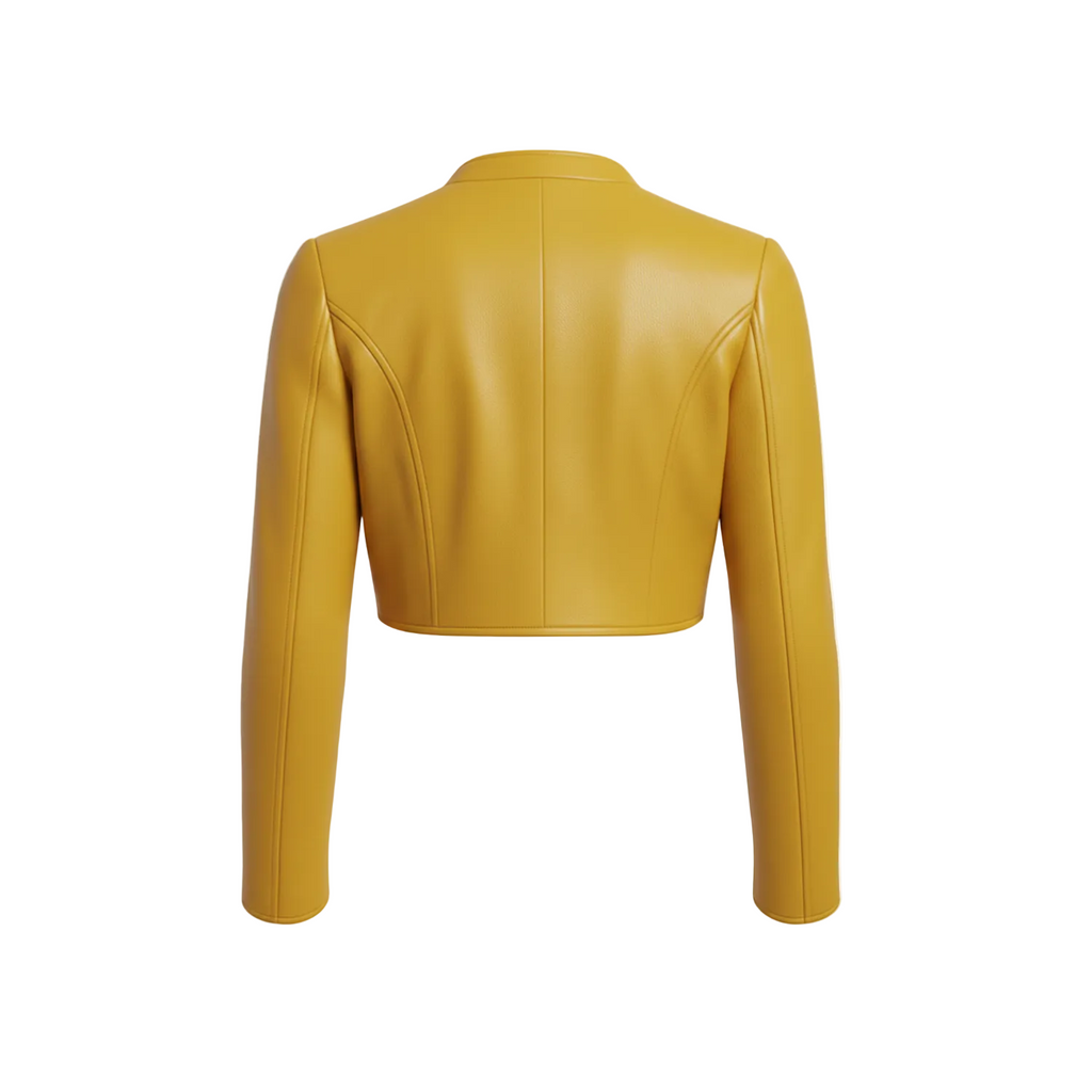 Yellow leather jacket on a white background with a brand logo.