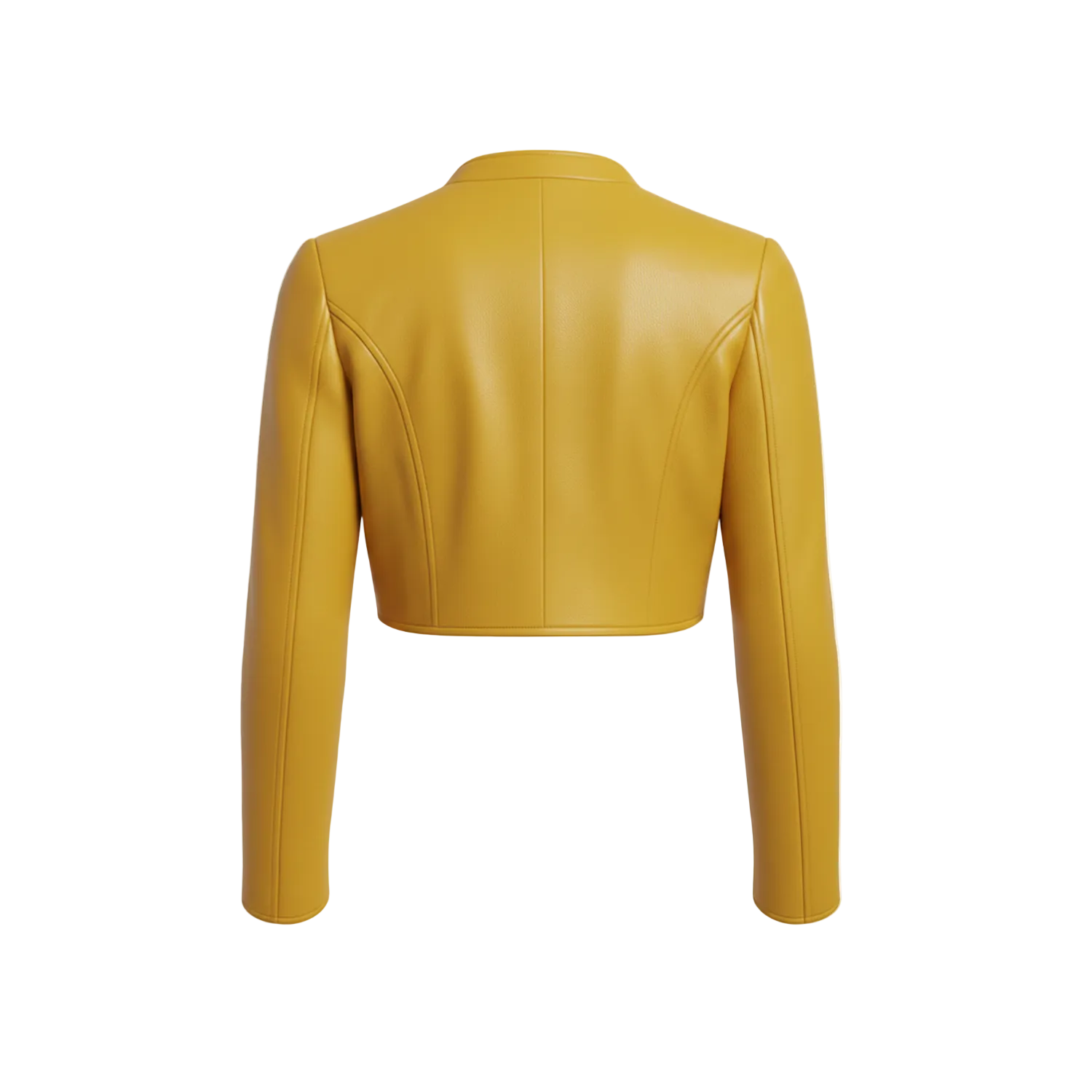 Yellow leather jacket on a white background with a brand logo.