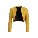Yellow leather jacket with black lining on a white background