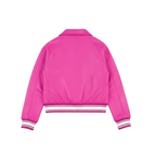 Pink jacket with white trim on a white background