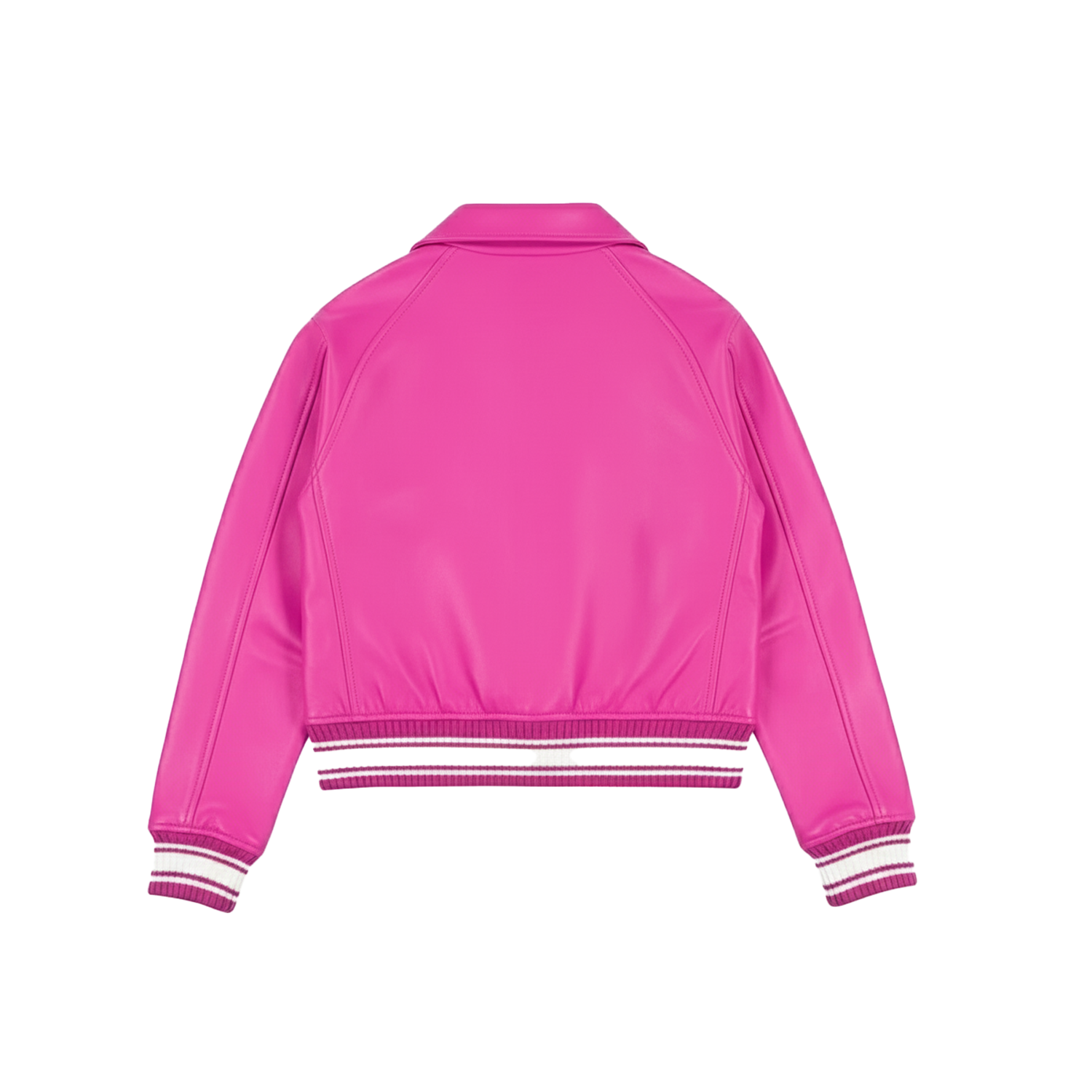 Pink jacket with white trim on a white background