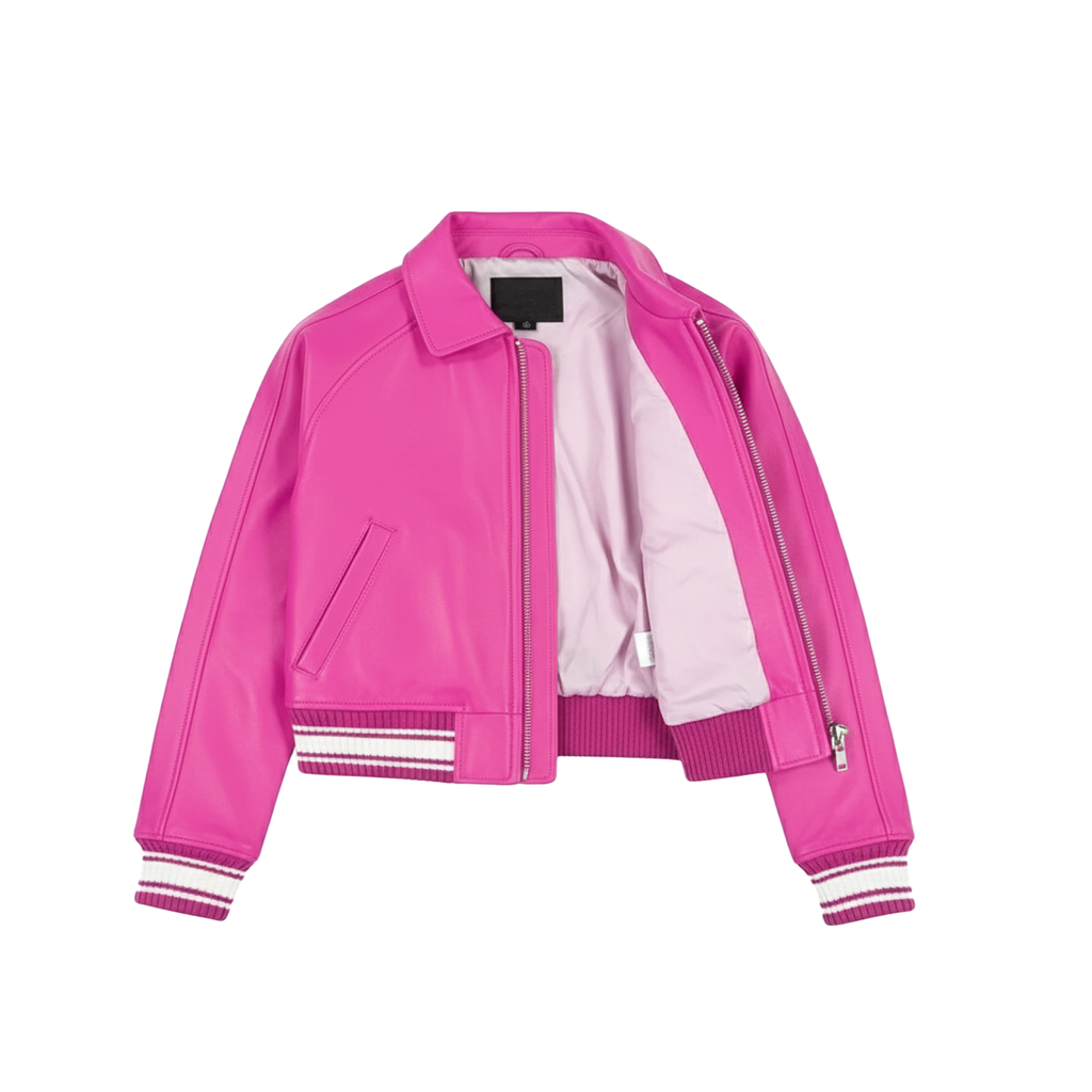 Pink jacket with white lining on a white background