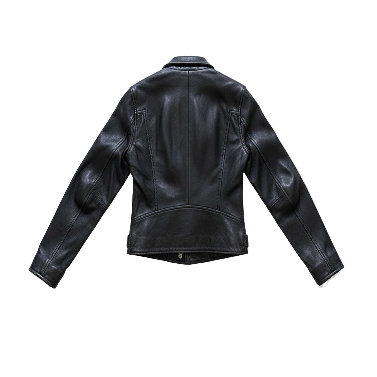 Black leather jacket on a white background with a brand logo.