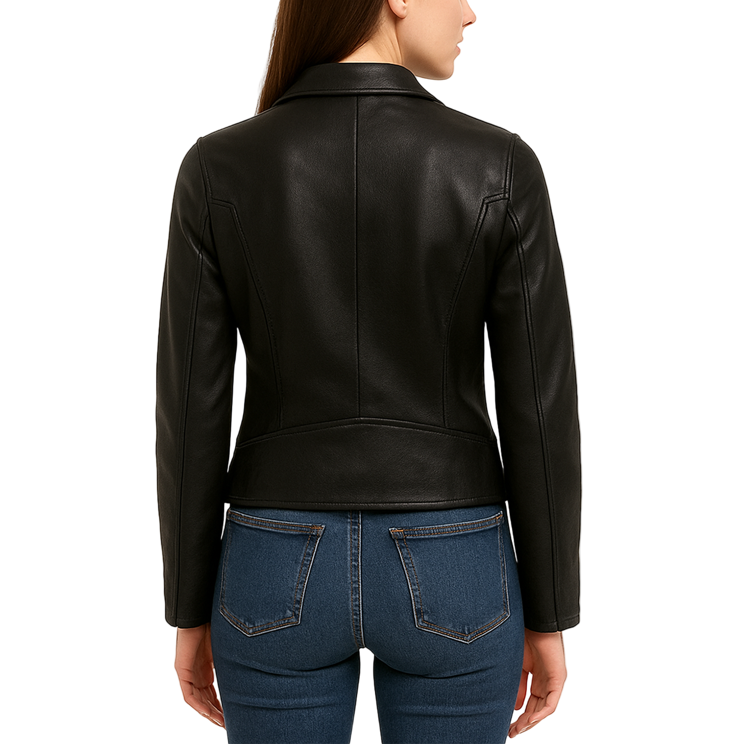 Black leather jacket worn by a person on a white background