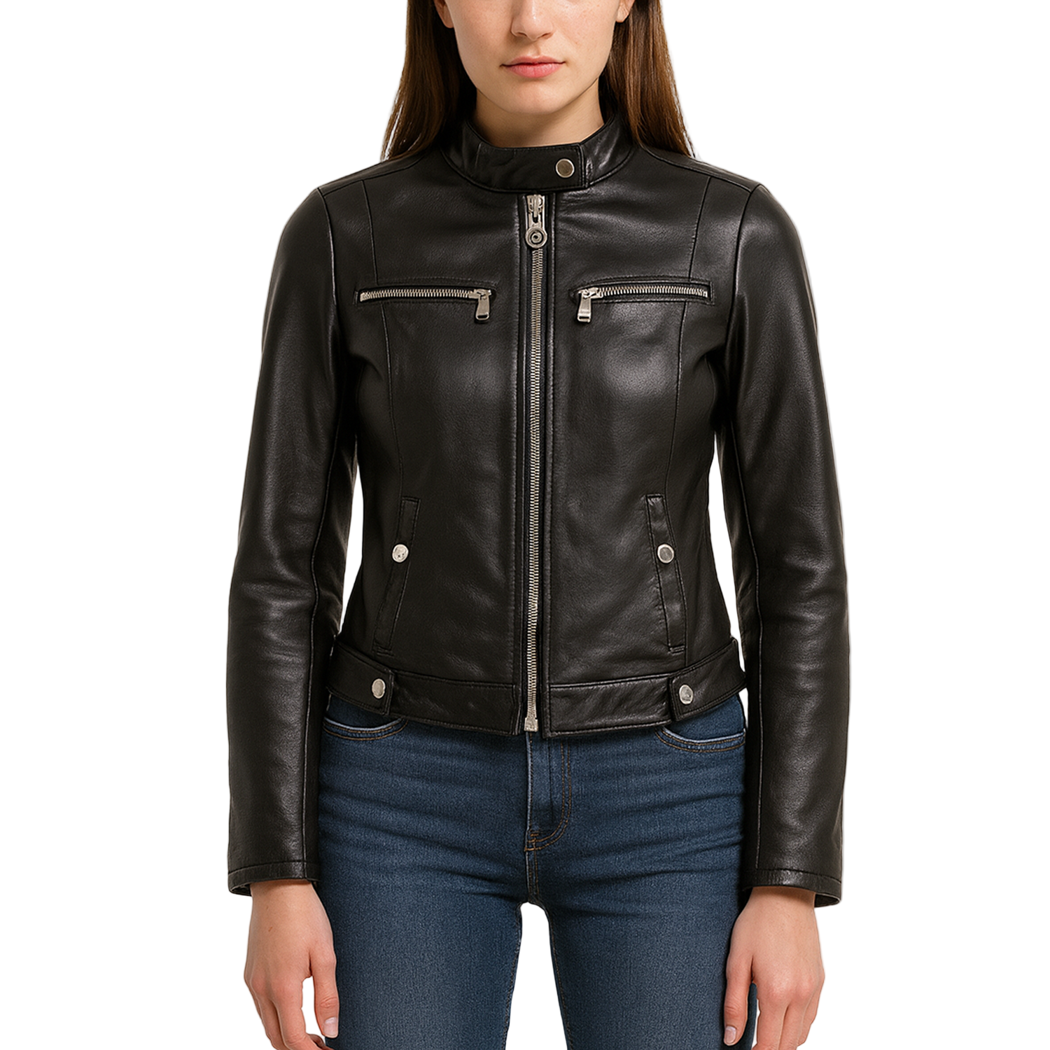 Black leather jacket worn by a model on a white background