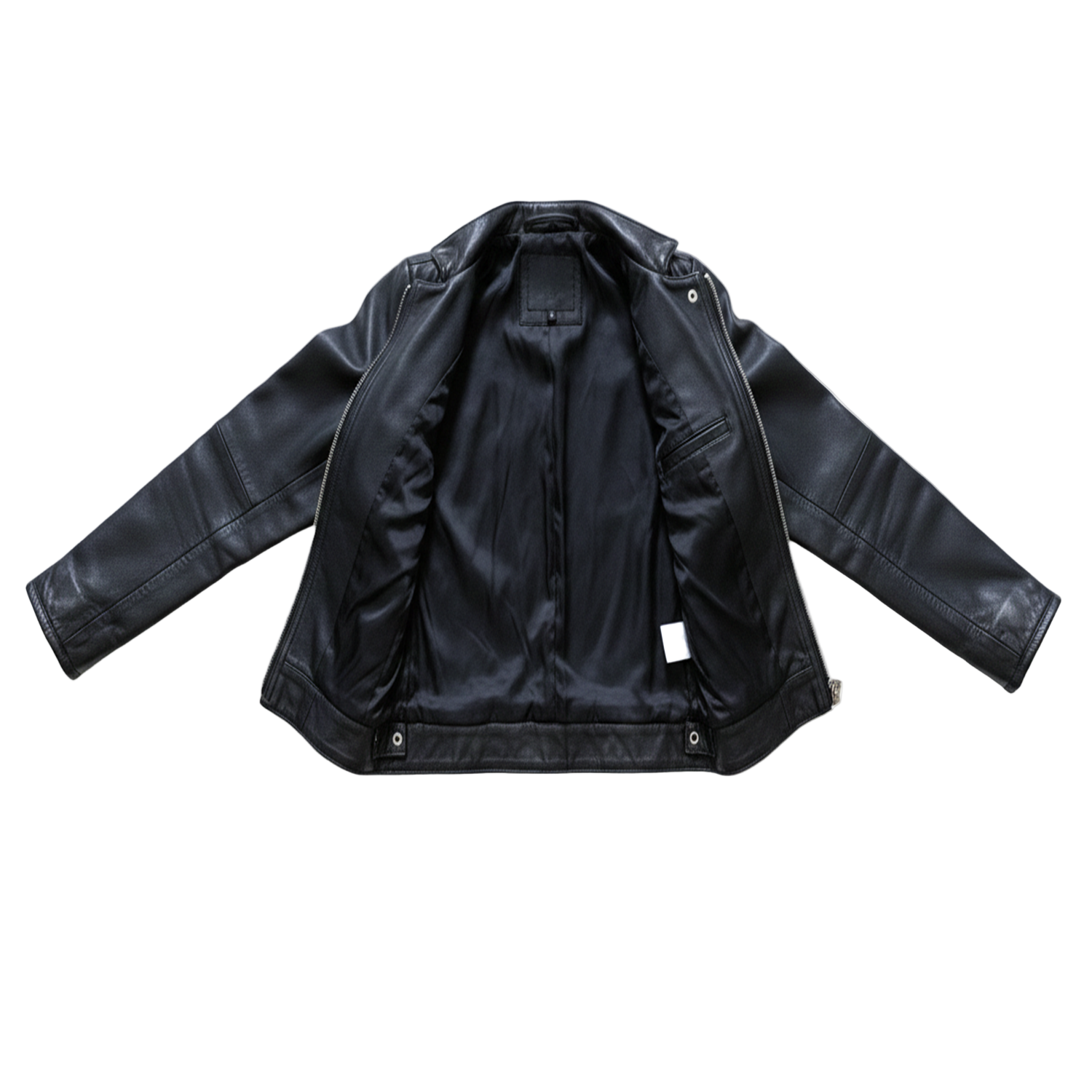 Black leather jacket on a white background with a brand logo.