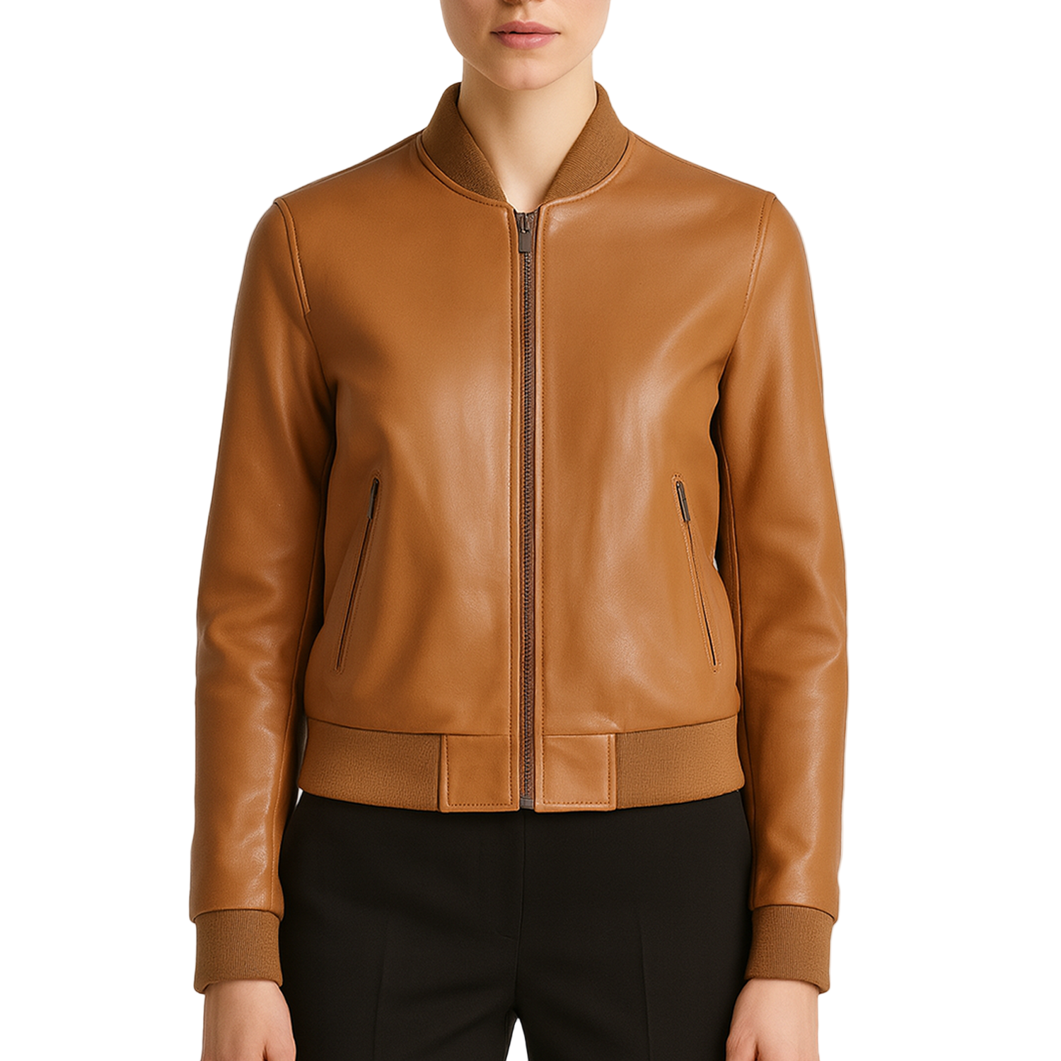 Brown leather jacket on a white background with a brand logo.