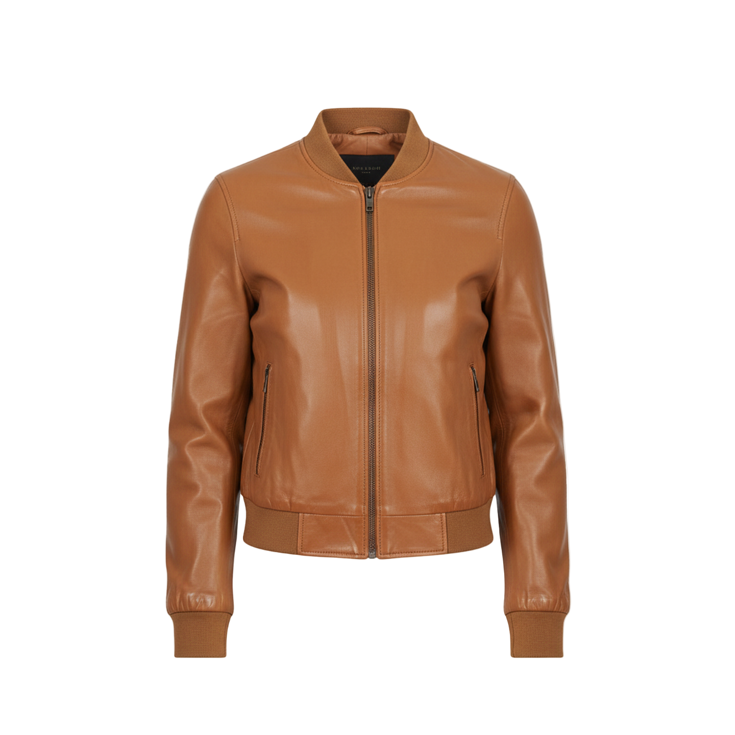 Brown leather jacket on a white background with a brand logo.