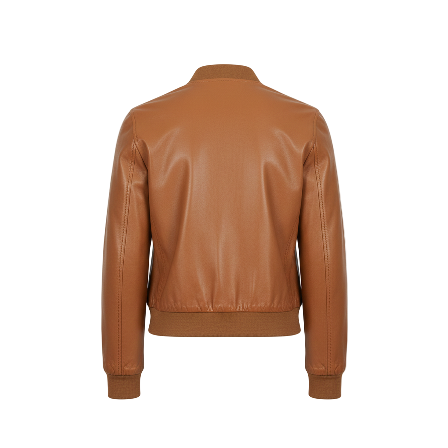 Brown leather jacket on a white background with a brand logo.