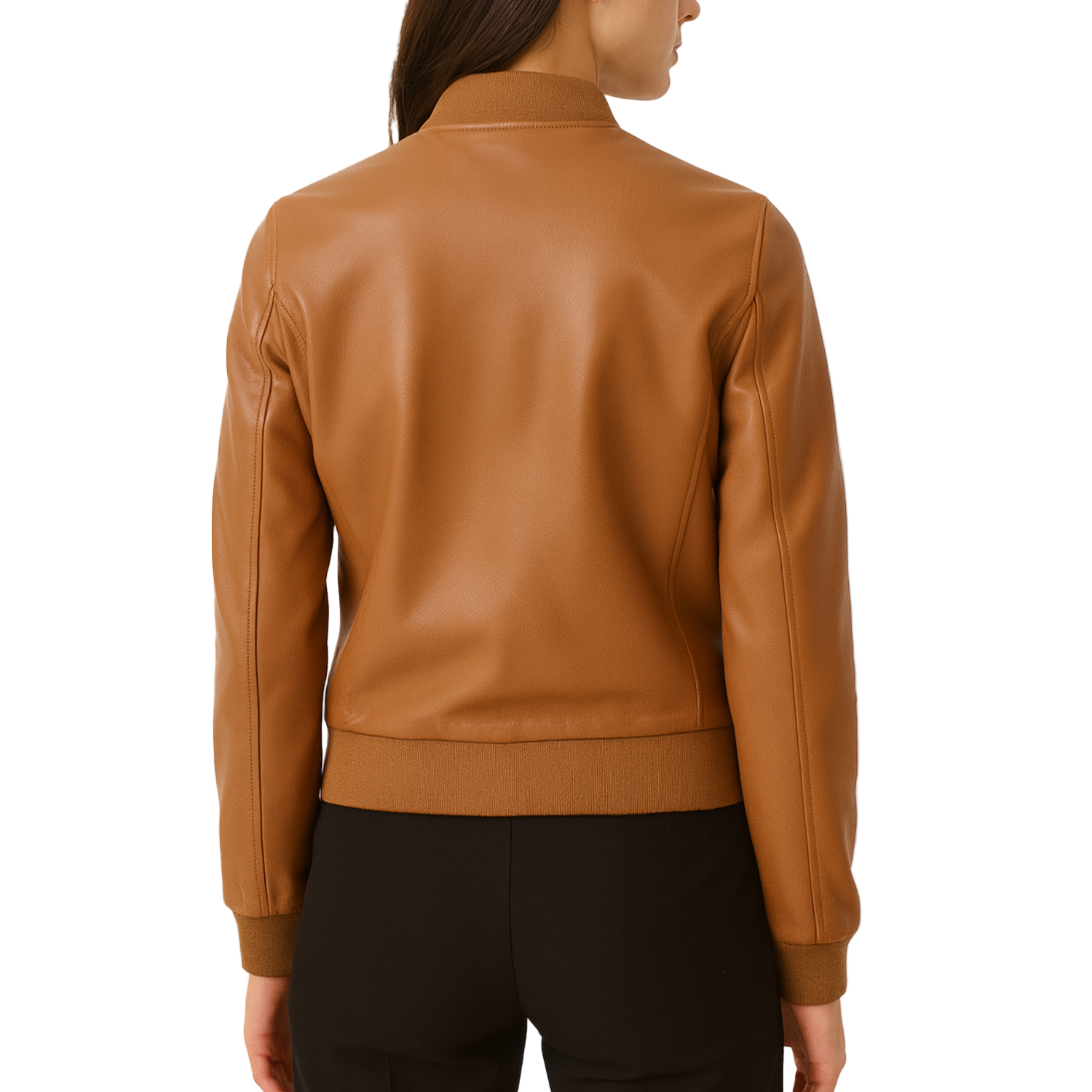Brown leather jacket worn by a person on a white background