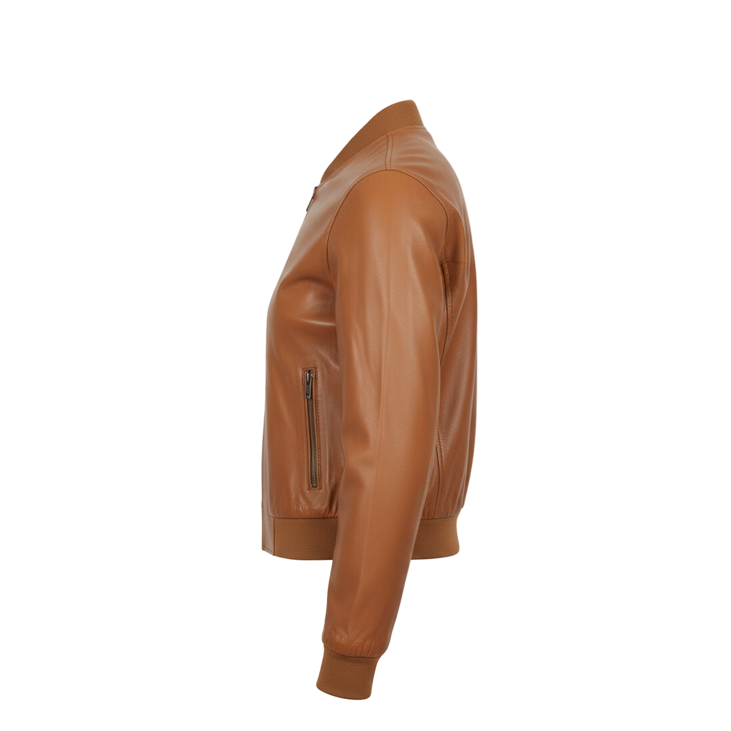 Brown leather jacket on a white background with a brand logo.