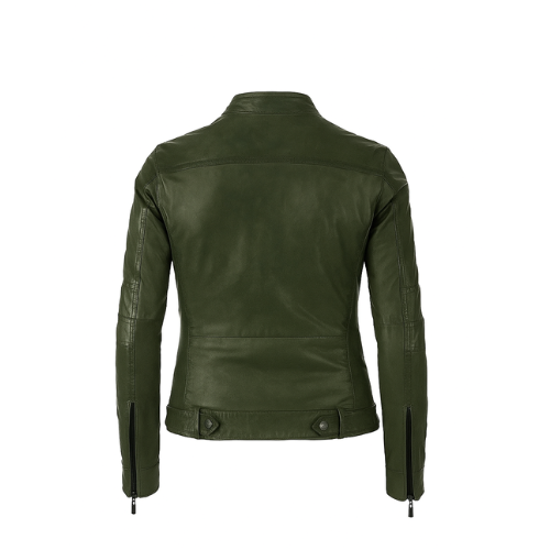 Women’s Olive Green 100% Pure Sheepskin Leather Biker Motorcycle Jacket