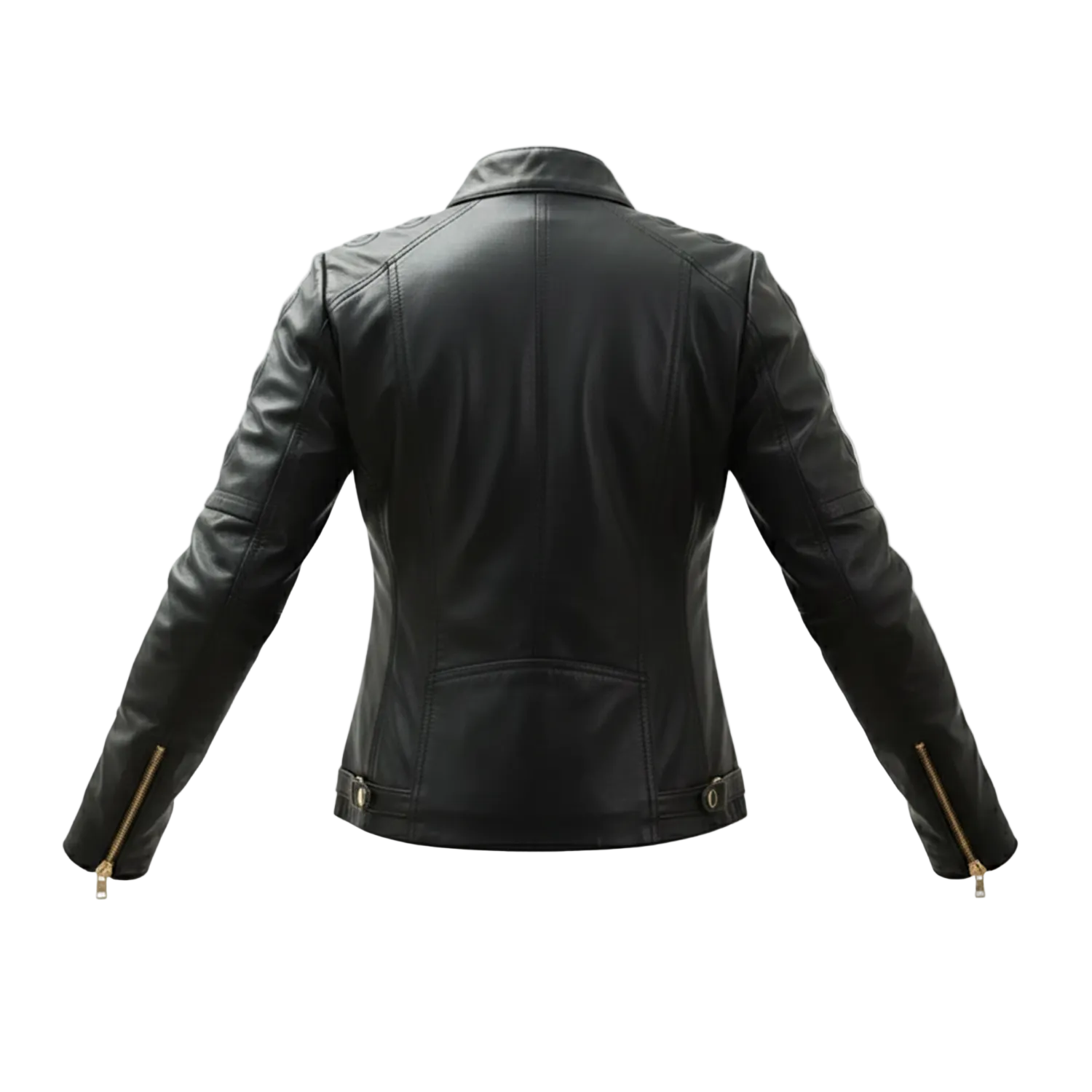 Black leather jacket on a white background with a brand logo.
