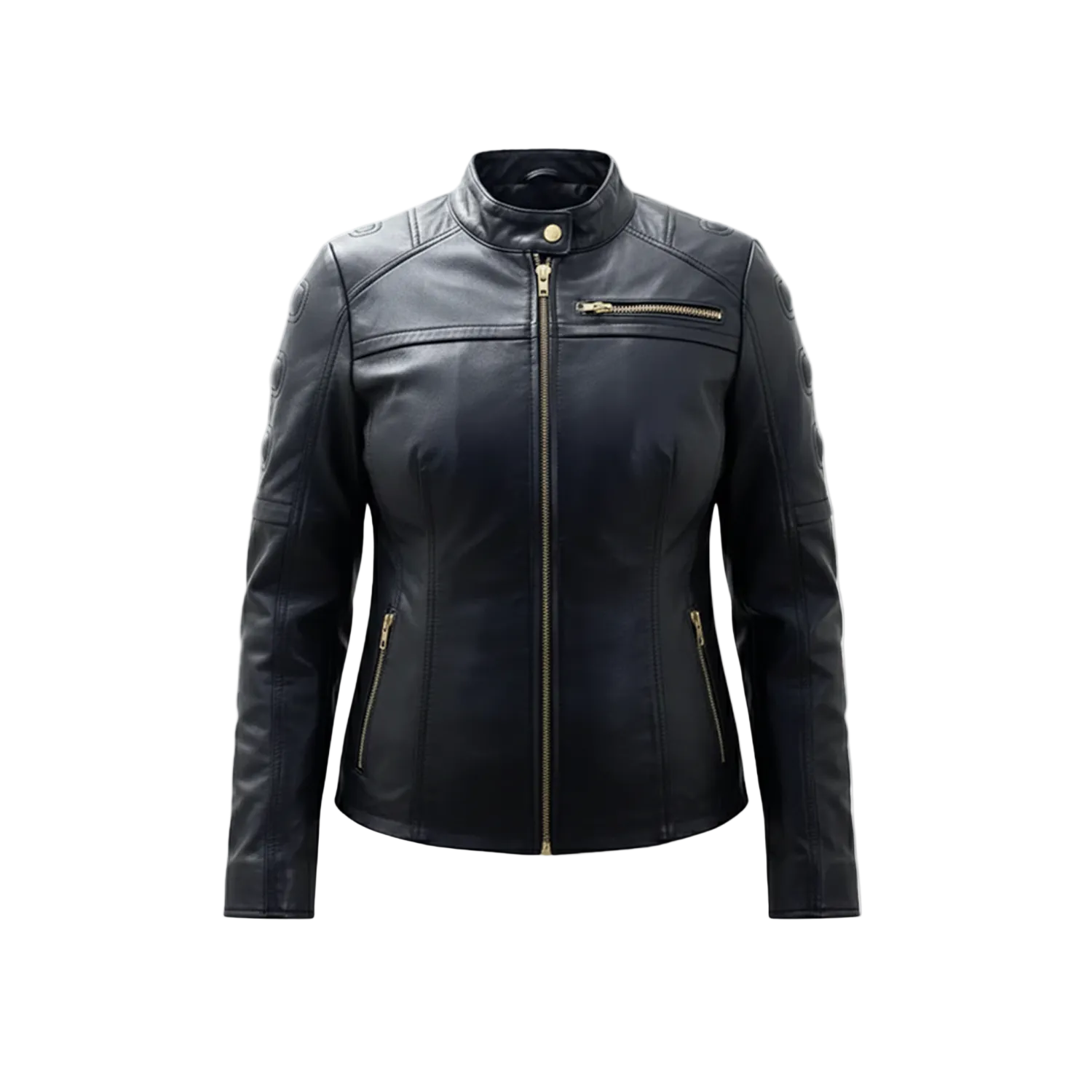 Black leather jacket with gold zippers on a white background
